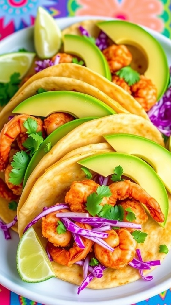 Crispy Air Fryer Shrimp Tacos Recipe Crispy air fryer shrimp tacos with cabbage and avocado, served with lime wedges and cilantro.